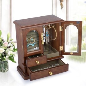 Kendal Wooden Jewelry Box for Women, Solid Jewelry Holder Organizer, Mothers Day Gifts, Wood Jewelry Case with Mirror for Necklaces, Earring, Rings (2 Side Door, Brown)