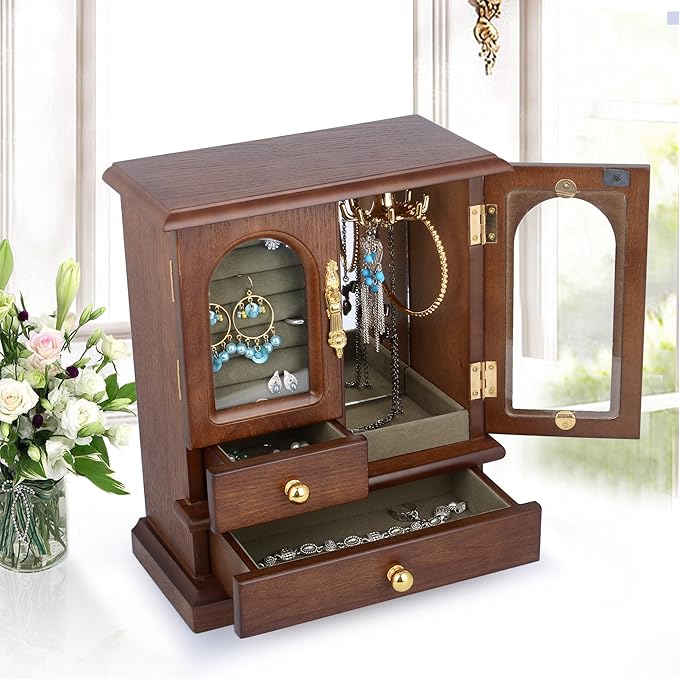 Kendal Wooden Jewelry Box for Women, Solid Jewelry Holder Organizer, Mothers Day Gifts, Wood Jewelry Case with Mirror for Necklaces, Earring, Rings (2 Side Door, Brown)